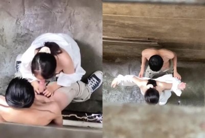 四處張望卻不知道抬頭的小情侶野外口交