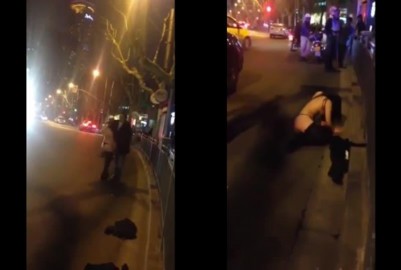 上海酒瘋妹當街脱衣服騷擾老外要老外操死她
